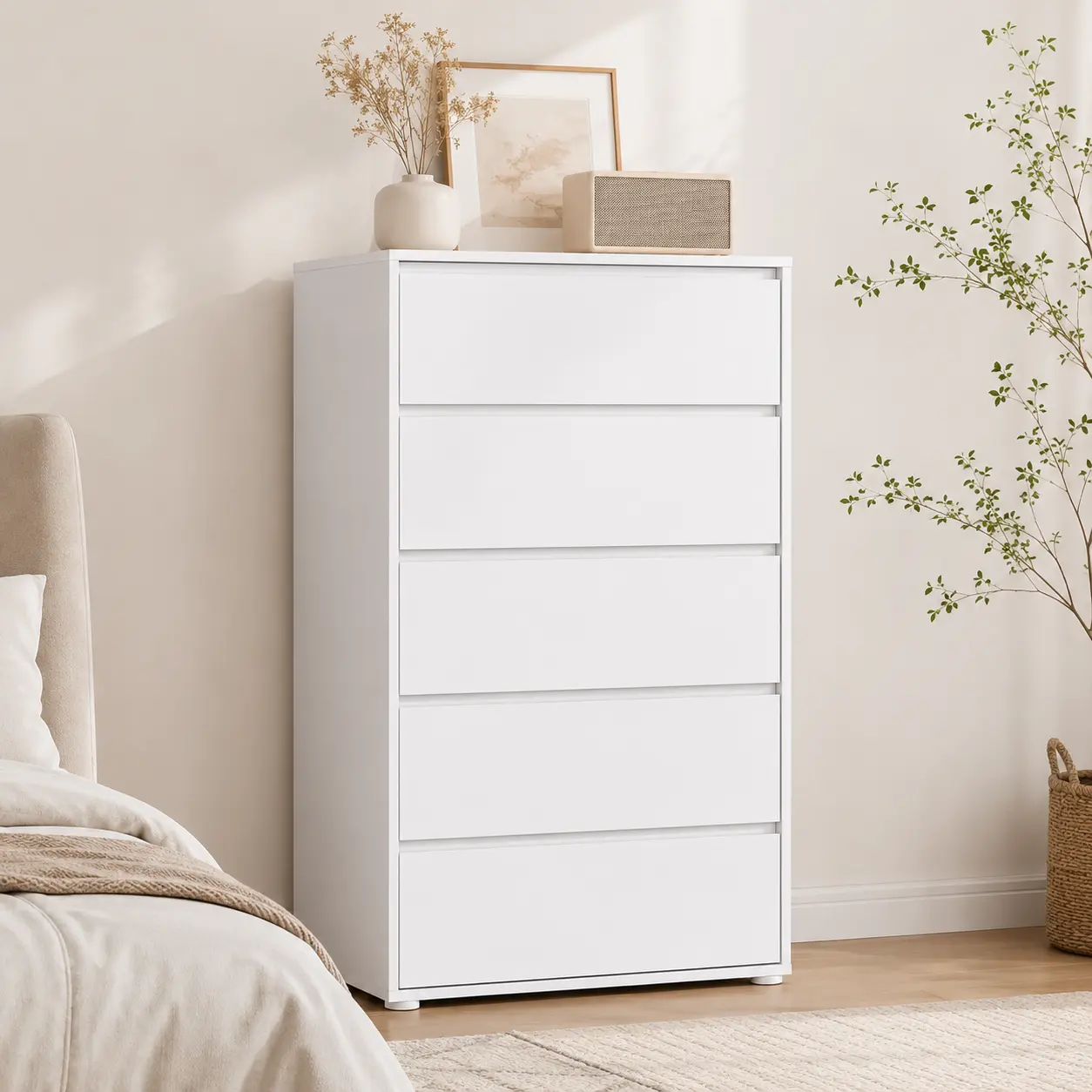 White 5 Drawer Dresser for Bedroom, 43 Inch Tall Modern Chest of Drawers with Press-to-Open Handleless Design, Deep Storage Drawers and Anti-Tip Kit, Wood Organizer Cabinet for Bedroom, Nursery, Closet or Hallway