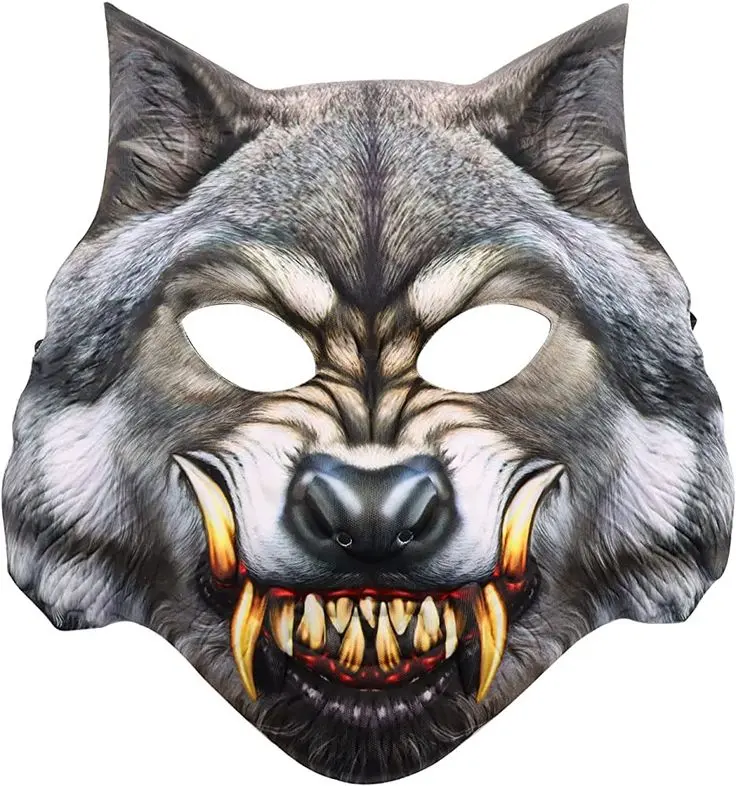 Wolf Half Mask - Sublimated 3-D - Scary Teeth - Costume Accessory - One Size