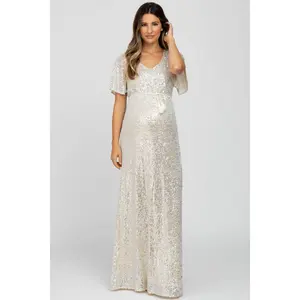 Cream Sequin Short Sleeve Maternity Maxi Dress