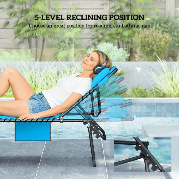 Folding Lounge Chairs - Sun Lounger for Two People with 5 Recline Positions & Reading Hole - Black/Blue Steel Frame - No Assembly Required - 264 lbs Capacity