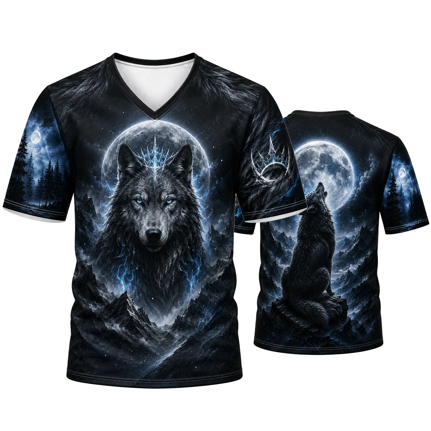 Lone Wolf Moon V-Neck Athletic Shirt for Men Women, Black Blue-Eyed Wolf Graphic Sports Tee, Full Moon Mountain Forest Print, Gothic Night Casual Top, Size S-5XL