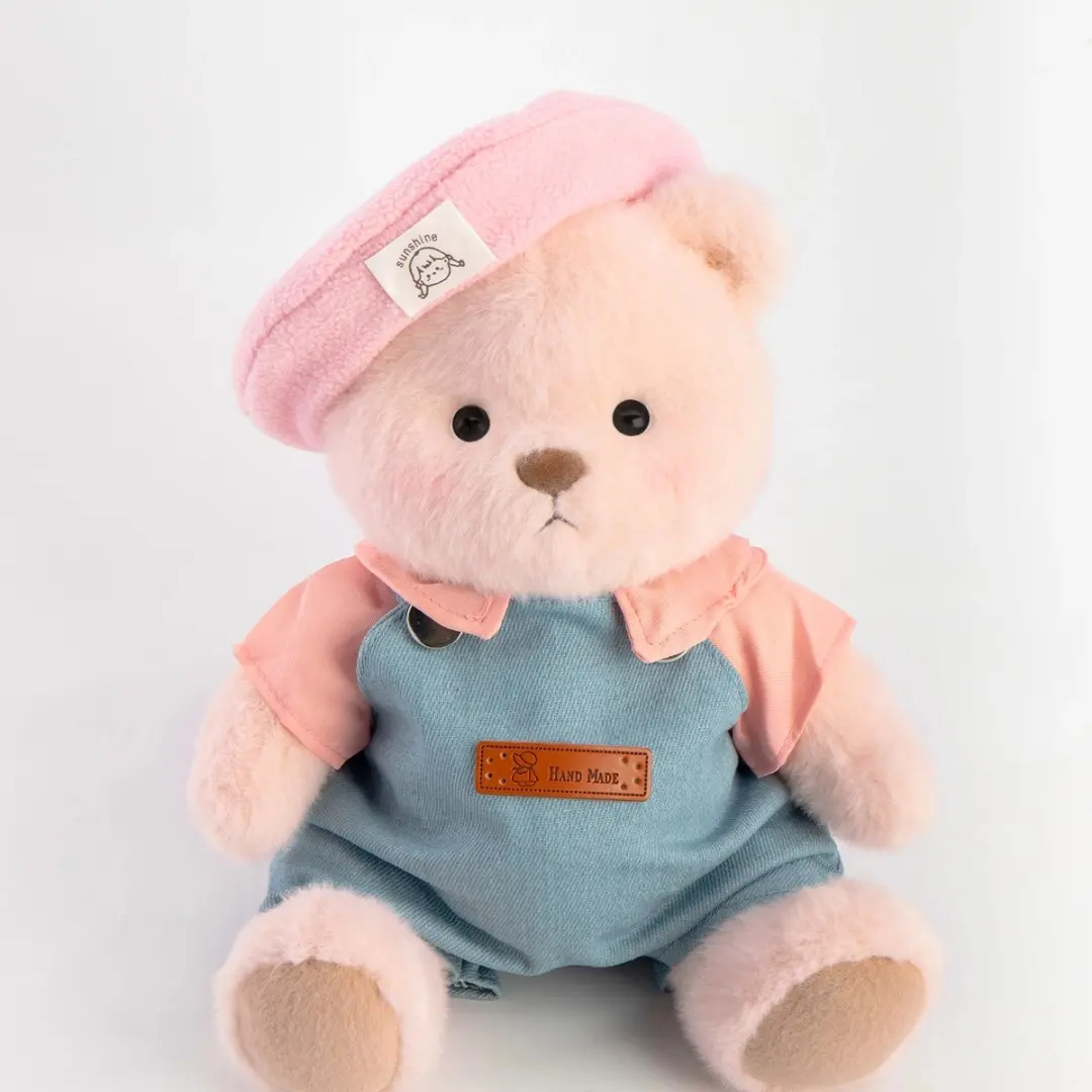 Getahug Soft Huggable Handmade Jointed Polyester Stuffed Pink Bear, Pink Beanie & Overalls Outfit, All-Ages Gift Toy