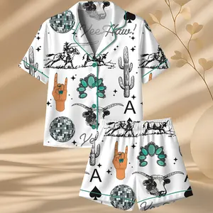 Women’s Cute Western Things Latin Pajama Set, Western Style Print Short Sleeve Top & Shorts Soft, Cowgirl Spade Rodeo  Summer Sleepwear