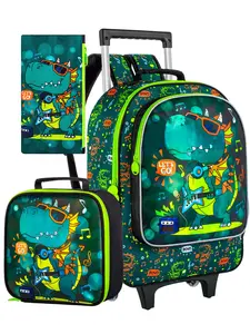 3PCS Dinosaur Rolling Backpack & Lunch Box & Pencil Case, Hip Hop Music Style, Comfortable Padded Straps, Smooth Rolling Wheels, Great for School & Daily Use, Boys