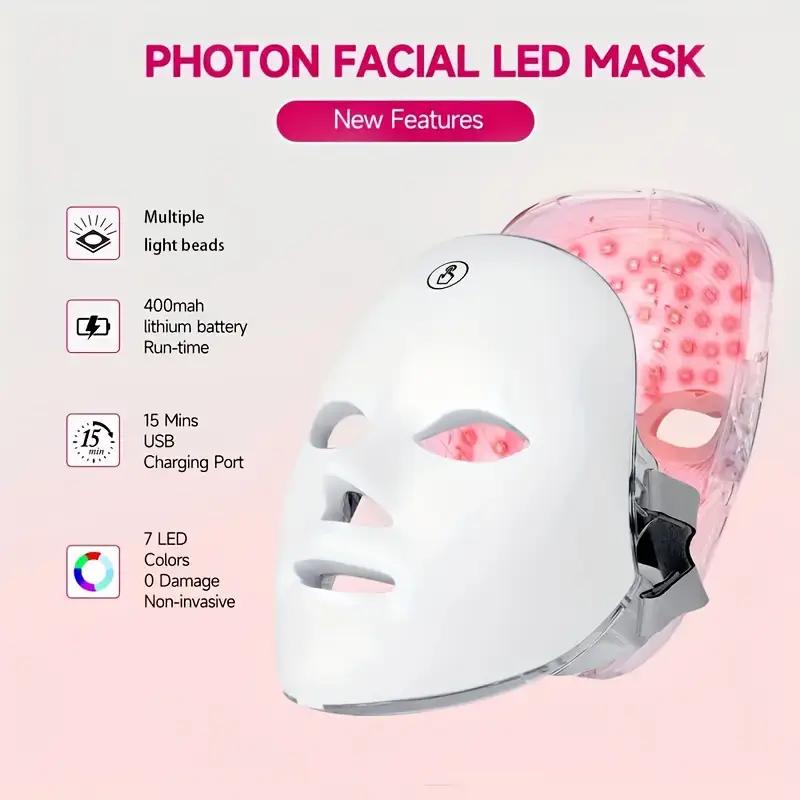 USB Rechargeable 7-Color Light Therapy LED Face Mask, Suitable for Daily Facial Use - Facial Skincare Tool