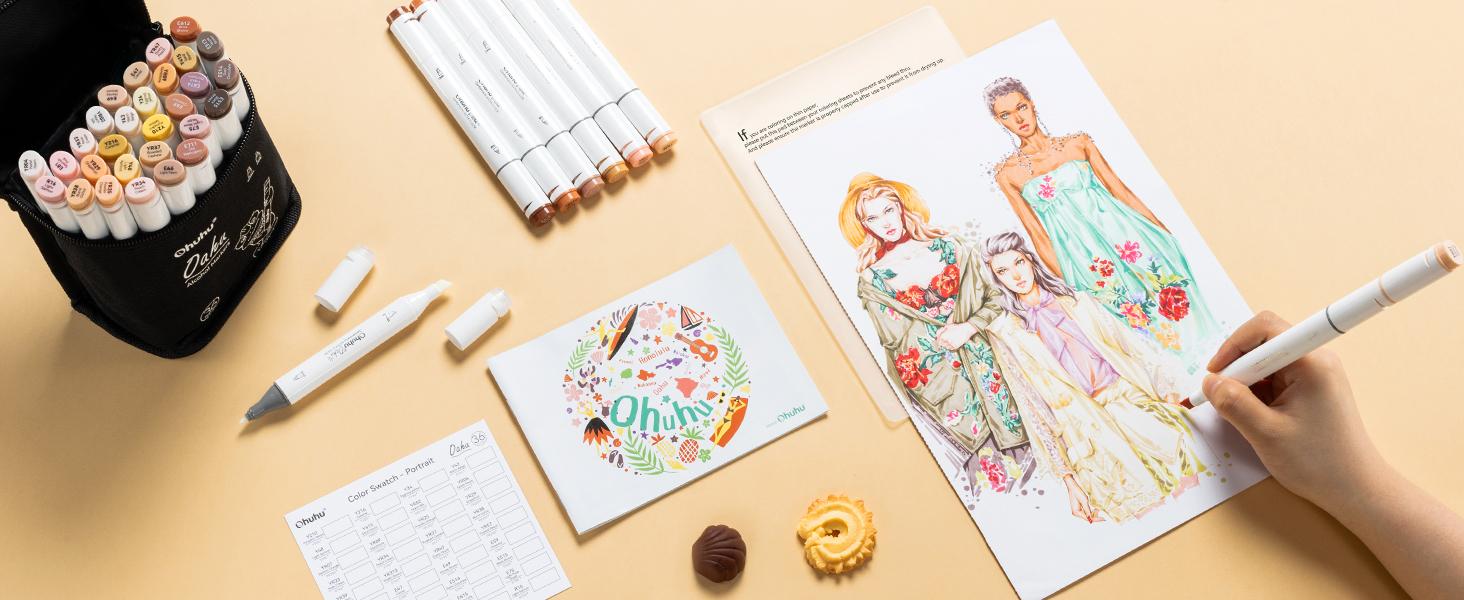 Ohuhu Alcohol Markers: Chisel & Fine - 36 Grayscale Colors / 36 Skin-Tone Portrait Colors- Double Tipped Alcohol Based Art Marker Set for Artist Adults Coloring Shading Layering - Refillable - Oahu Series of Ohuhu