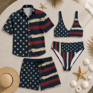 Matching Couple Swimwear Set - American Flag Stars and Stripes Distressed Brush Stroke Patriotic Bikini Top & Bottom, Button Shirt Swim Trunks, High-Quality Polyester, Perfect Gift for Couples Summer Vacation