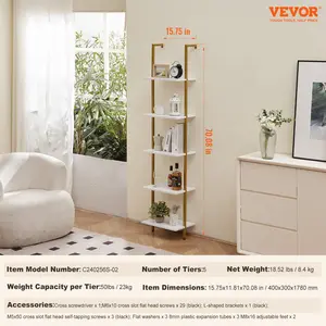 VEVOR Ladder Shelf, 5-Tier Bookshelf 15.6x11.8in, Open Wall-Mounted Ladder Shelf with Metal Frame, Storage Rack Sundries Holder for Kitchen Bedroom Bathroom Living Room, Gold White