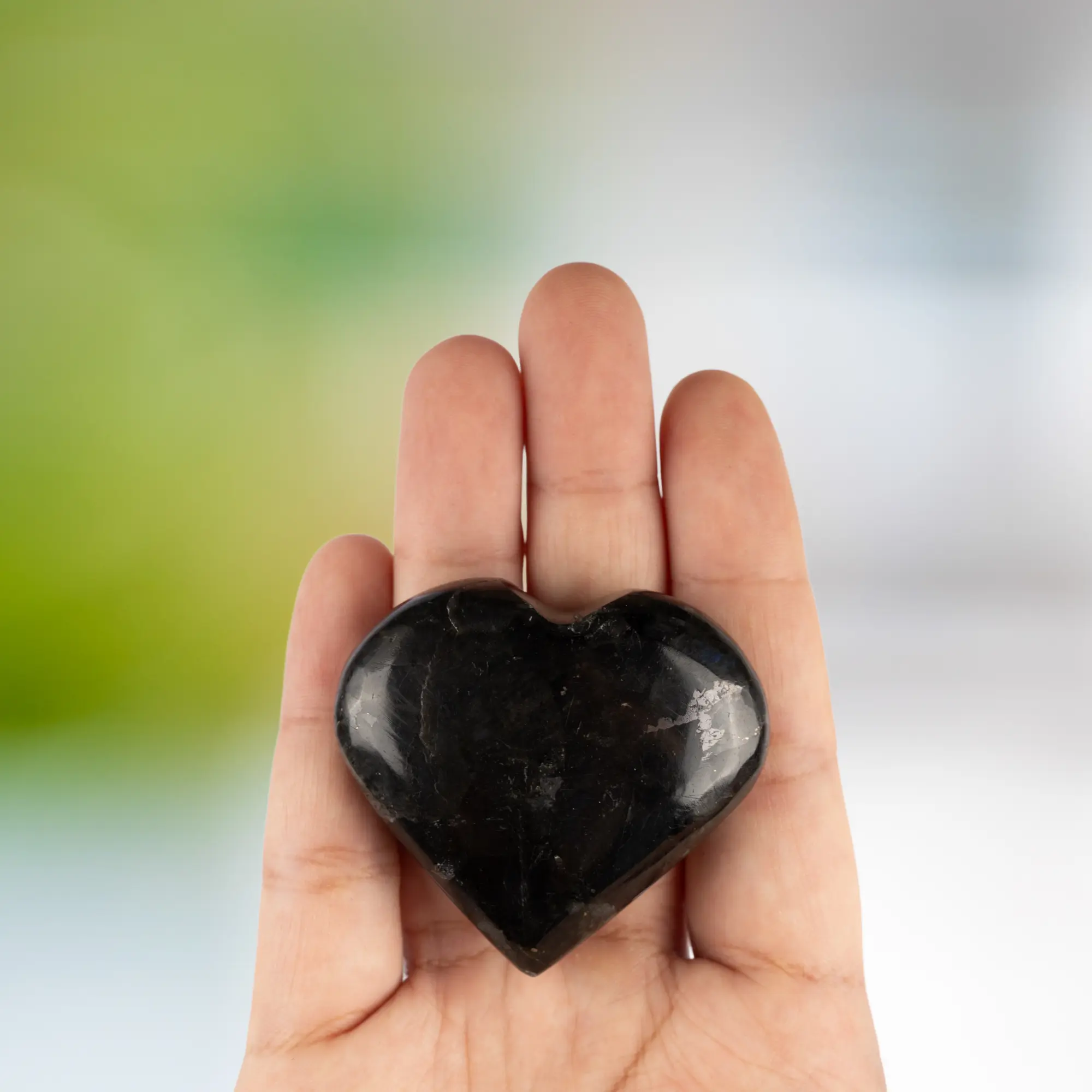 Larvikite Heart Palm Stone, Polished Crystal Stone for Chakra Balancing, Meditation, Spiritual and Crystal Gift