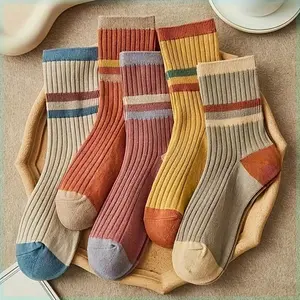 5 Pairs Of unisex striped mid socks soft breathable odor resistant comfortable fabric ideal for couples casual matching style