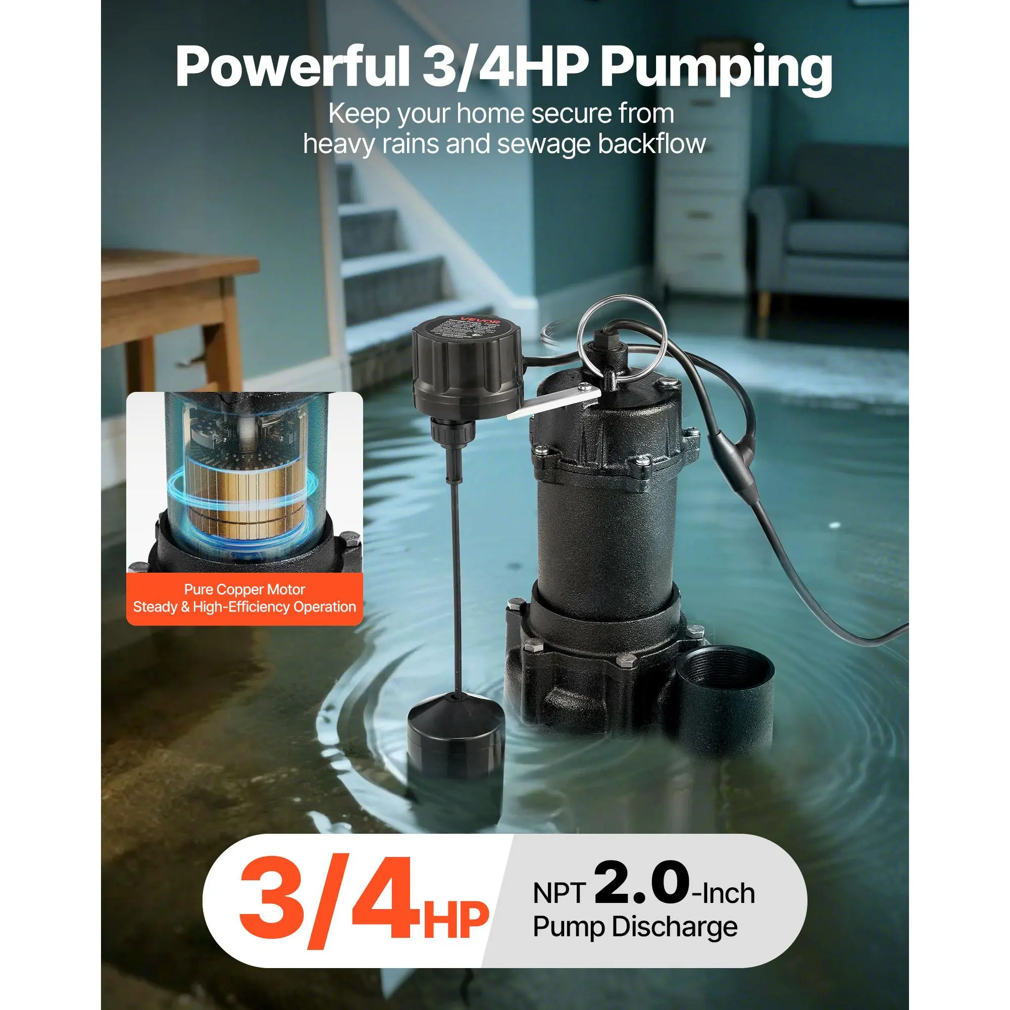 VEVOR Cast Iron Submersible Sewage Pump, 3/4 HP, 6000 GPH, 120V, Automatic Tethered Float Switch (Auto On/Off), 2-Inch NPT Discharge, 23 ft Max Lift, 19.7 ft Reach, Copper-Built, Hose-Compatible for Draining Basements, Septic Tank Use, None, Easy Installa