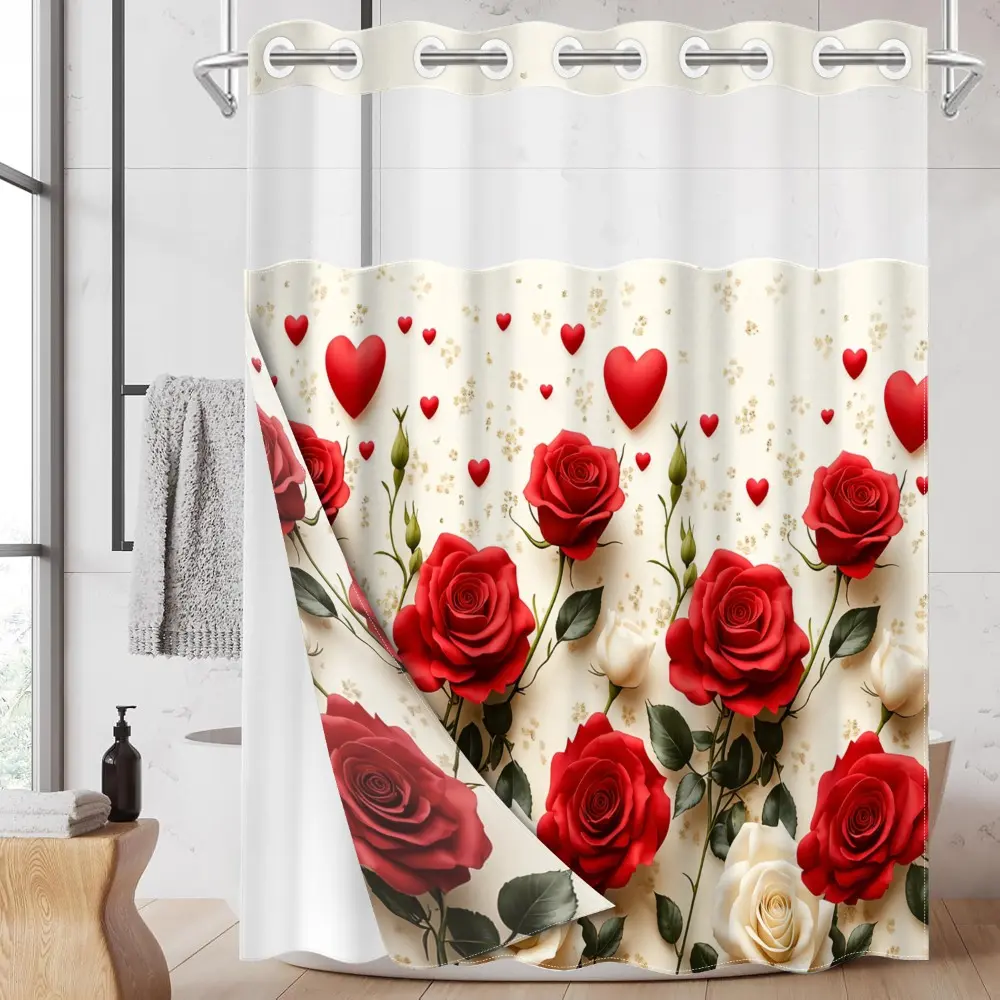 1pc hookless decorative shower curtain with buckle lining, Valentine's Day red and white rose design, 2D printing, fabric waterproof lining, see-through double-layer shower curtain, 71 x 74 inches, Bathroom Decorations
