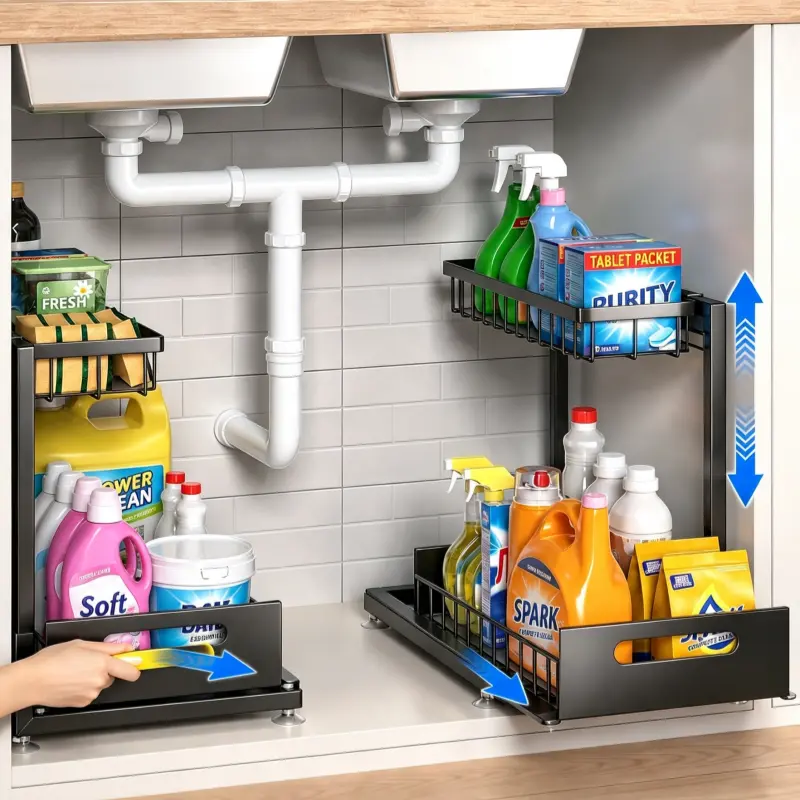 L-Shaped 2-Tier Under Sink Organizer with Pull-Out Drawer, Durable Metal Frame Adjustable Height Shelf (14.2x10.6x11") for Pipes, Kitchen/Bathroom Cleaning Supplies Storage, Pre-Assembled