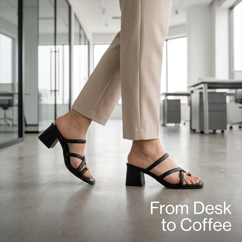【Q10 TIMMY】Comfy Black Cushioned Strappy Heeled Sandals | Low Block Heel Mules with Toe Loop for Summer