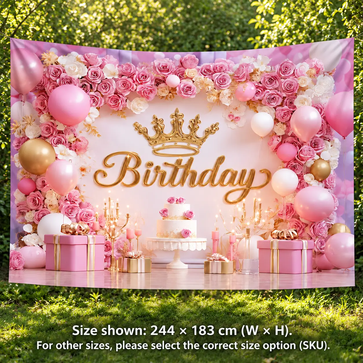 1pc 2D Flat Print Banner, Pink Rose Birthday Design, Gold Crown and Balloon Print, Floral Party Decoration, Photo Backdrop for Portrait Photography and Event Decor
