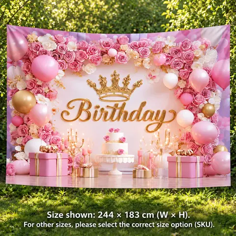 1pc 2D Flat Print Banner, Pink Rose Birthday Design, Gold Crown and Balloon Print, Floral Party Decoration, Photo Backdrop for Portrait Photography and Event Decor