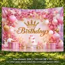 1pc 2D Flat Print Banner, Pink Rose Birthday Design, Gold Crown and Balloon Print, Floral Party Decoration, Photo Backdrop for Portrait Photography and Event Decor