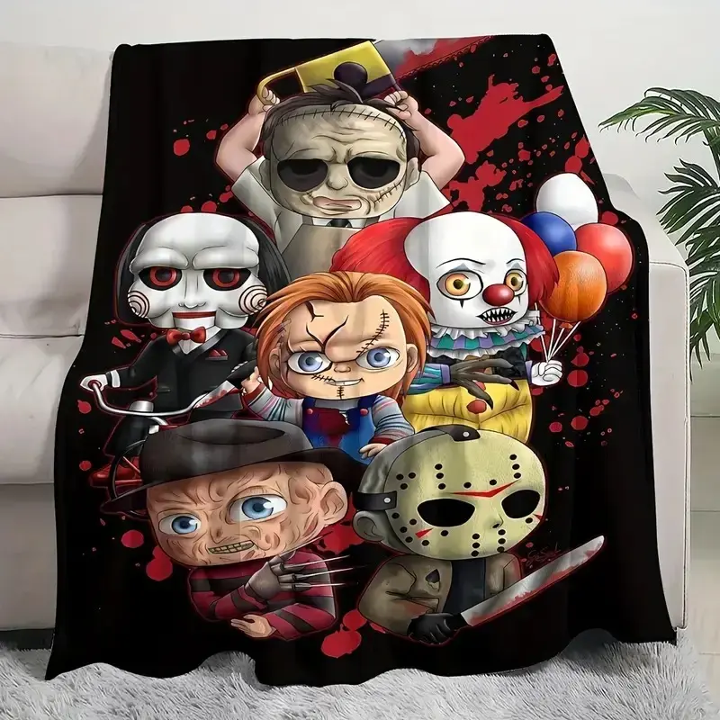 Horror Cartoon Print Fleece Blanket - Contemporary Style All-Season Throw, Machine Washable Cozy Gift Option