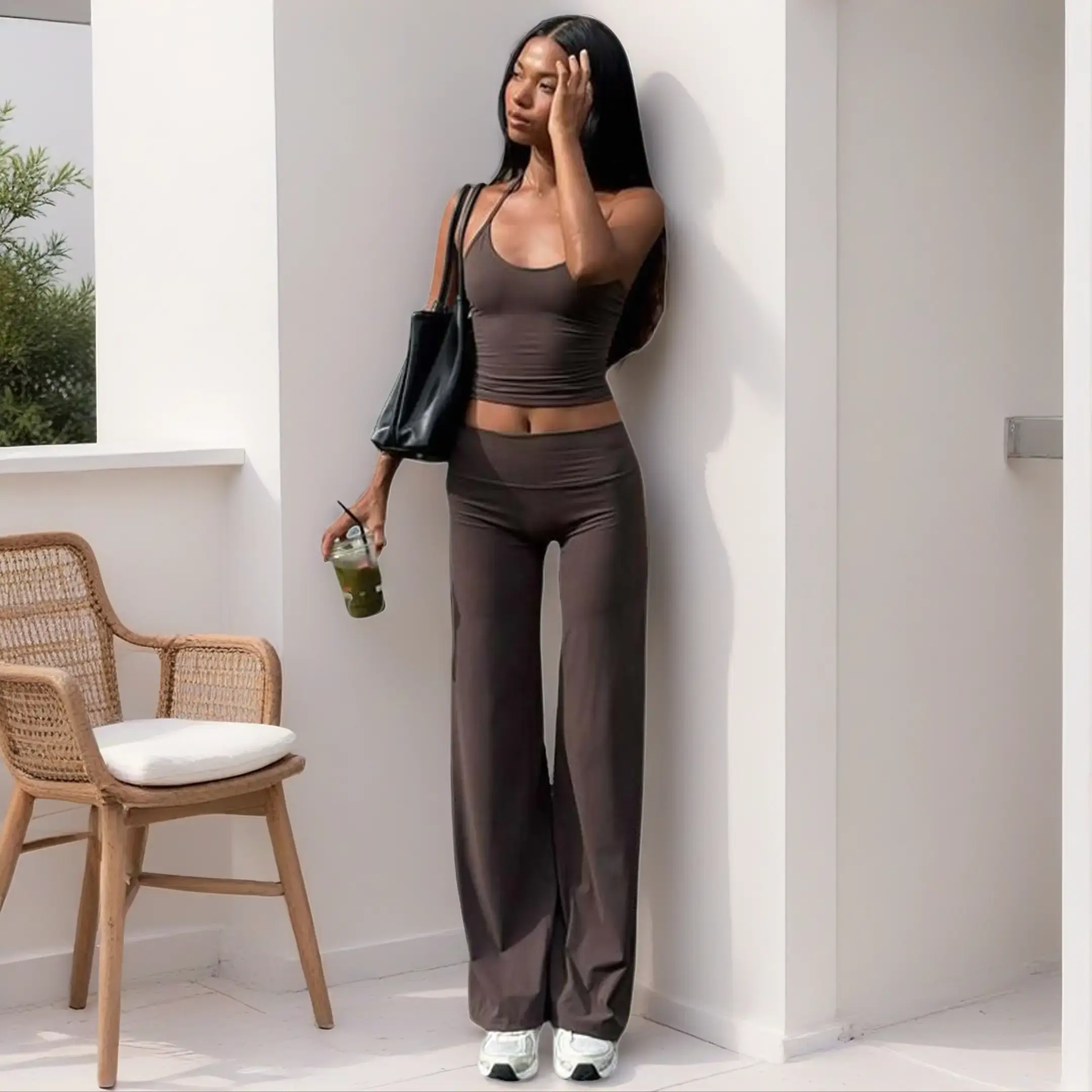 Halter U Neck Backless Crop Cami & Fold Over Waist Wide Leg Pants Two Piece Matching Set for Women's 2026 Summer New Slim Fit Casual Daily Streetwear Active Loungewear Outfit