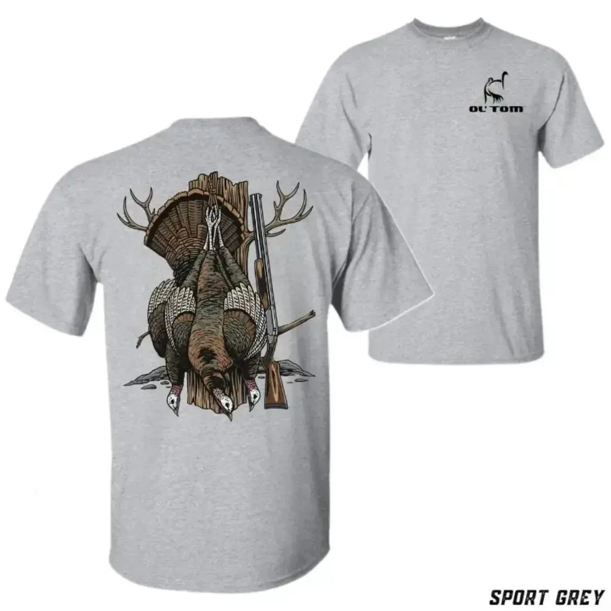 Turkey Hunting T-Shirt - Wild Turkey Trophy With Shotgun , Deer Antlers And Woodland Stump Graphic , Matching Turkey Chest Emblem , Men's Hunting Tee , Turkey Season Outdoor Shirt , Hunting Camp Outfit , Gift For Turkey Hunters And Outdoorsmen Fabric Top