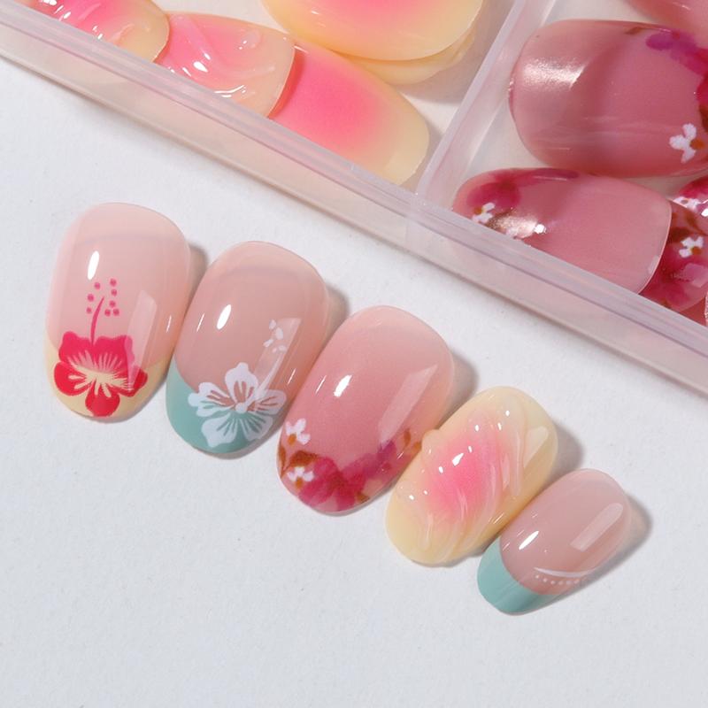 96pcs Short Oval False Nails, Acrylic Fake Nails, Multicolor Floral French Style, Y2K Acrylic Press-On Nails, Reusable for Women and Girls