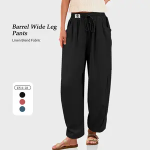 【SS26 Collection】TARSE Womens Linen Barrel Pants Casual Baggy Wide Leg Trousers High Waist Loose Fit Boho Vocation Womenswear Bottom with Pockets