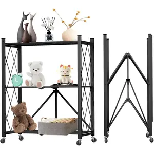 3 Tier Foldable Storage Shelf with Wheels, Heavy Duty Garage Shelving Unit Loads 550 LBS, Metal Steel Collapsible Shelves, Rolling Standing Utility Rack for Kitchen, Pantry, Office, Black