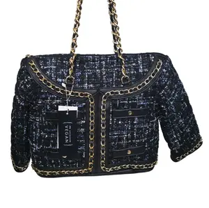 Vegan Bag with Gold Chain Accents and Tweed Texture