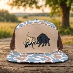 Hog Hunting Trucker Hat, Dog vs Wild Boar Embroidered Camo Snapback, Outdoorsman Hunter Gift