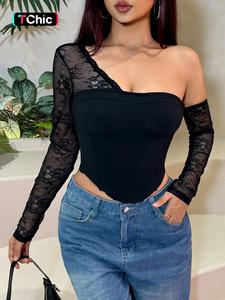 women's contrast floral lace sheer corset crop tee, asymmetrical neck long sleeve t-shirt for spring & fall, women's clothing for daily wear valentine's day, gift