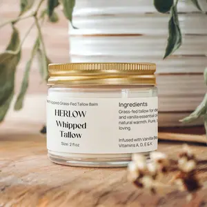 HERLOW Whipped Tallow Balm with Vanilla Bean - Pure Grass-Fed Tallow for Deep Hydration & Skin Nourishment - 2 fl oz Eco-Friendly Packaging
