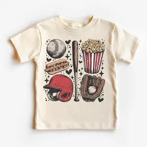 Baseball Kids T-Shirt, Toddler Game Day Graphic Tee, Youth Sports Ball Player Shirt, Cute Hotdog Popcorn Fan Gift