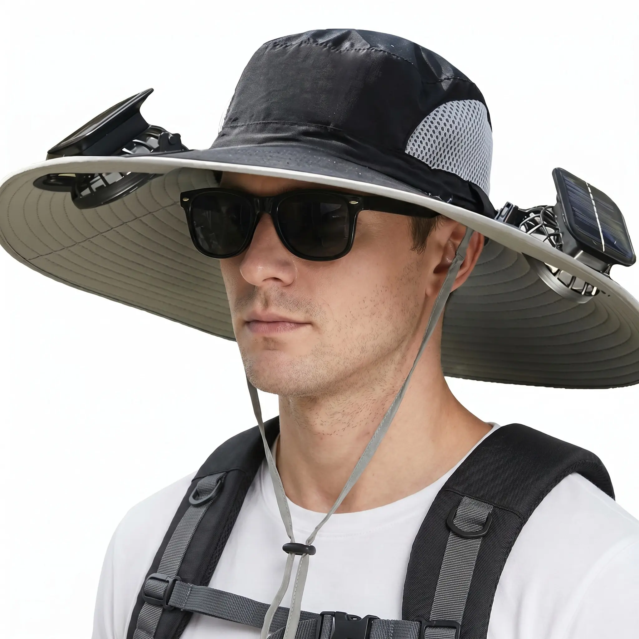 Solar outdoor fishing hat with 2 fans, wide brim for summer sun protection, bucket hat style, quick-drying, rechargeable, adjustable headband, cool and breathable, high airflow, long battery life, suitable for various outdoor activities.,summerwins,father