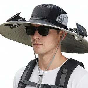 Solar outdoor fishing hat with 2 fans, wide brim for summer sun protection, bucket hat style, quick-drying, rechargeable, adjustable headband, cool and breathable, high airflow, long battery life, suitable for various outdoor activities.,summerwins,father