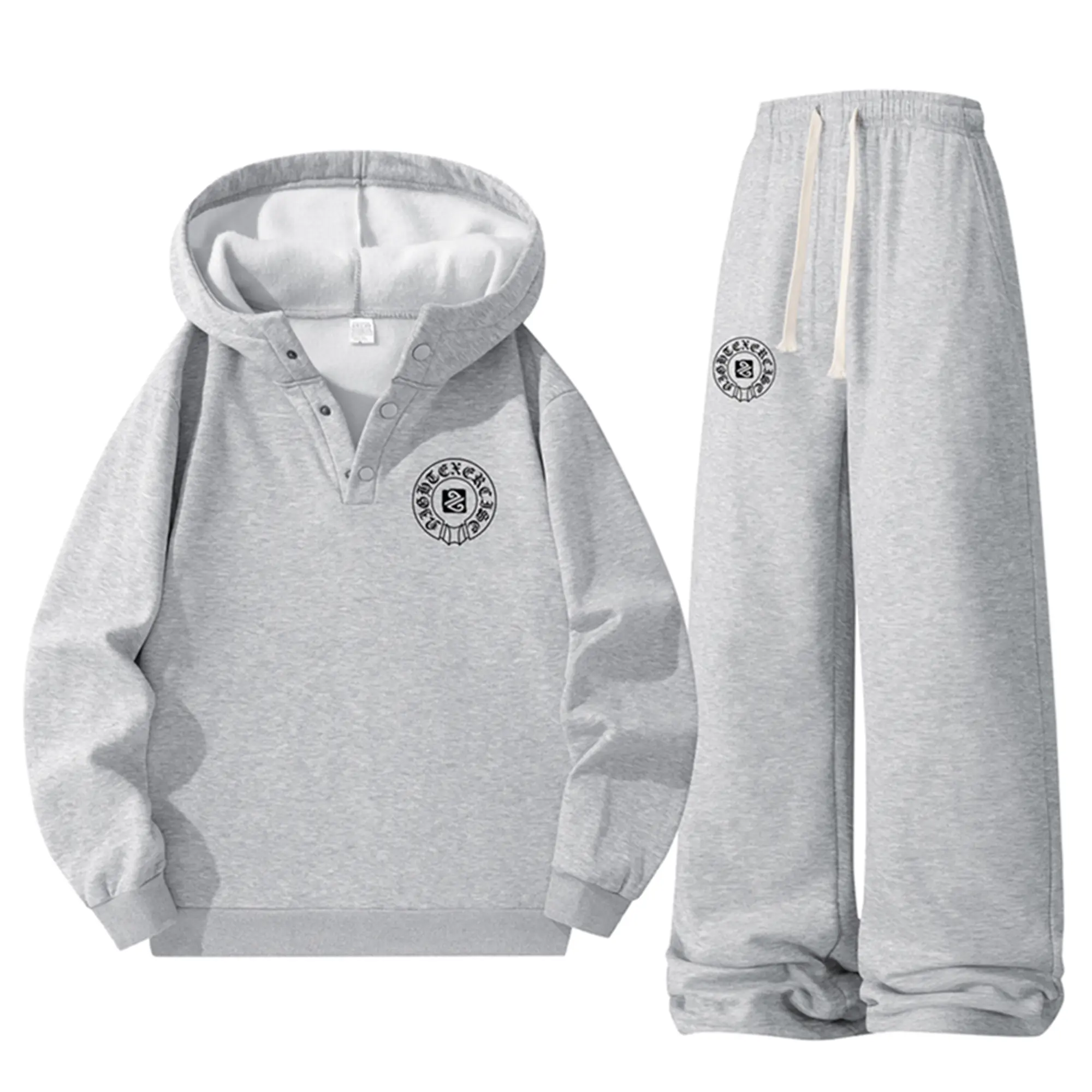 Men’s printed hooded sweatshirt + athletic long pants two-piece set; loose, casual wide-leg pants with an adjustable elastic waistband; solid color options—black, blue, gray.Fashionable American street-style set Letter Print Running