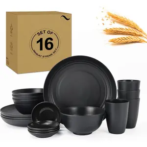 Wheat Straw 16PCS Kitchen Dinnerware Set - Plastic Reusable Dishwasher-Safe Includes Dinner Plate Soy Sauce Dishes Cereal Bowl Cup Tableware Lightweight Stylish Indoor Outdoor Use Round Cutlery Containers TikTokShopBlackFriday