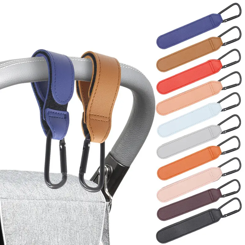Stroller Hooks for Baby Carriage, Adjustable Faux Leather Stroller Organizer Clips, Anti-Scratch Stroller Bag Hanger, Universal Shopping Bag Holder Carabiner, Heavy Duty Stroller Accessory for Walking, Shopping, Daily Toddler Outings