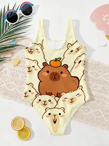 Girls' Cute Capybara Pattern Swimsuit, Light Cartoon Sleeveless One-Piece, Tween Swimsuits, Perfect for Vacation, Holiday Gifts, Birthday Presents