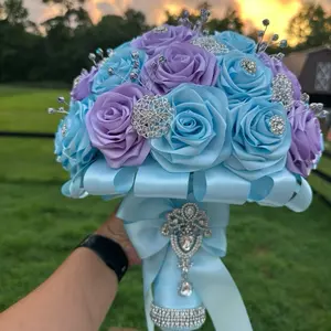 Ramo para Quinceanera Blue and Purple Floral Bouquet with Decorative Accents and Ribbon
