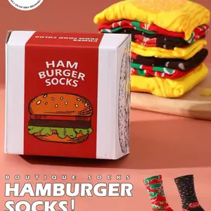 Ham Burger Socks - 2 Pair of Mid-Cut Unisex Socks in a Novel Creative and Interesting Burger Shape Holiday Gifts