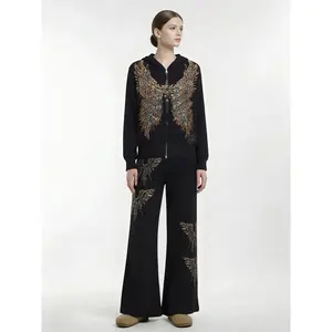 TCH  Greenish  Fashion Diamond Wings Black Casual Hooded Zipper Jacket Pants Trendy Set for Women