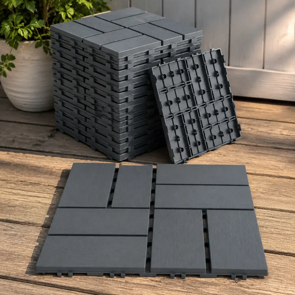 Littleox Plastic Interlocking Deck Tiles, 44 Pack 12"x12" Waterproof Non-Slip Outdoor Patio Flooring, All Weather Drainable Snap Together Decking Tiles for Poolside, Porch, Garden, Backyard & Shed Floor,Grey
