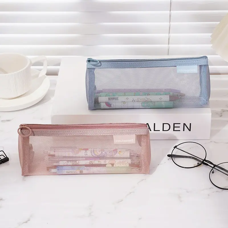 1Pc Mesh Pencil Box - Transparent Pencil Bag, Large Capacity, Triangle Design, Makeup Brush Holder, Exam Stationery Storage Box for Boys and Girls Students