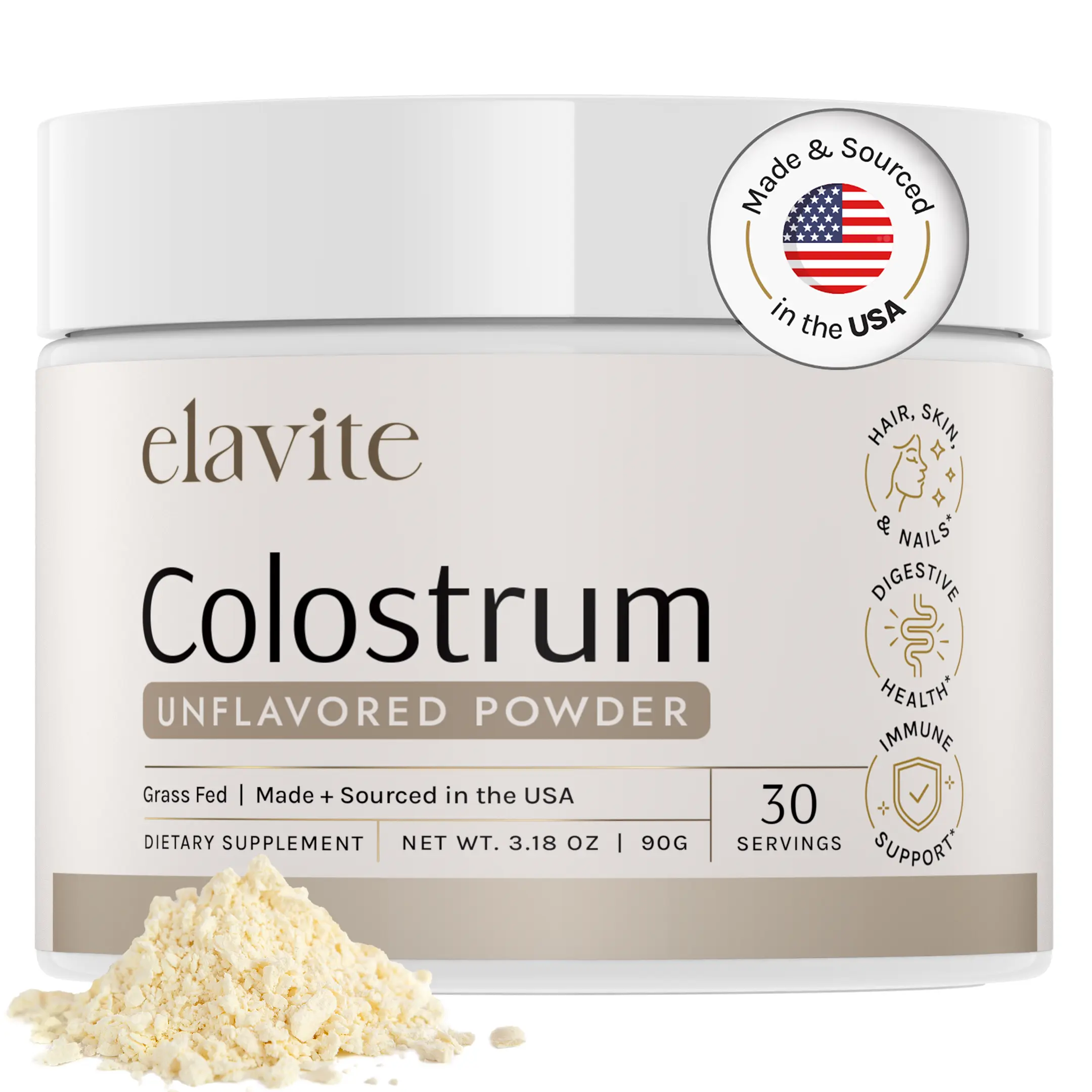 Elavite Colostrum Powder - Unflavored Grass Fed (30 Servings) - Dietary Supplement -Healthcare -Natural Bovine Colostrum - Calostro Bovino