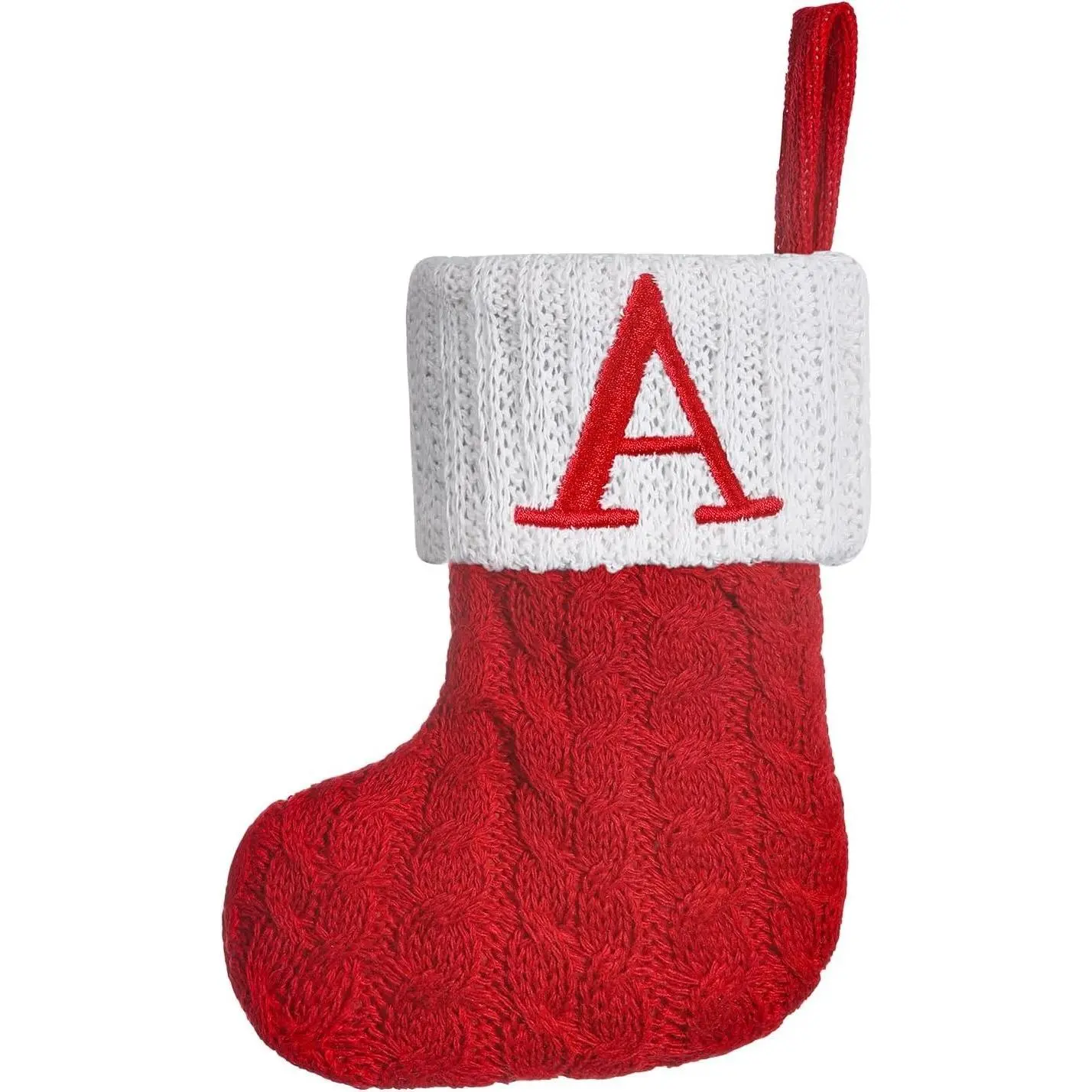Red Knitted Mini Christmas Stockings 8 inch, Embroidered Initials | Personalized Red Cable-Knit Christmas Stocking, White Monogram Letter, Holiday Mantel Fireplace Christmas Tree Decor