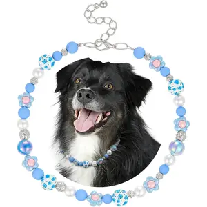 Pet Collar Necklace for Dogs, Blue Pearl Flower Beaded Dog Necklace, Adjustable Durable Cute Pet Jewelry Collar, Fashion Puppy Accessory, TikTok Viral Pet Outfit Decoration for Small Dogs and Stylish Pets
