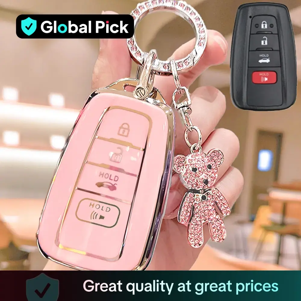 Car Key Case, Rhinestone Bear Decor Car Key Protector, Soft TPU Key Protective Cover, Car Accessories for Toyota RAV4 Camry Corolla Avalon C-HR Prius