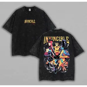 Anime Tshirt Fan Shop Oversized Washed T-Shirt – Invincible Limited Edition Graphic Tee, Vintage Black Wash, Streetwear Vibe, Soft Cotton Blend, Superhero Fan Must-Have, Unisex Casual Top men's t shirts