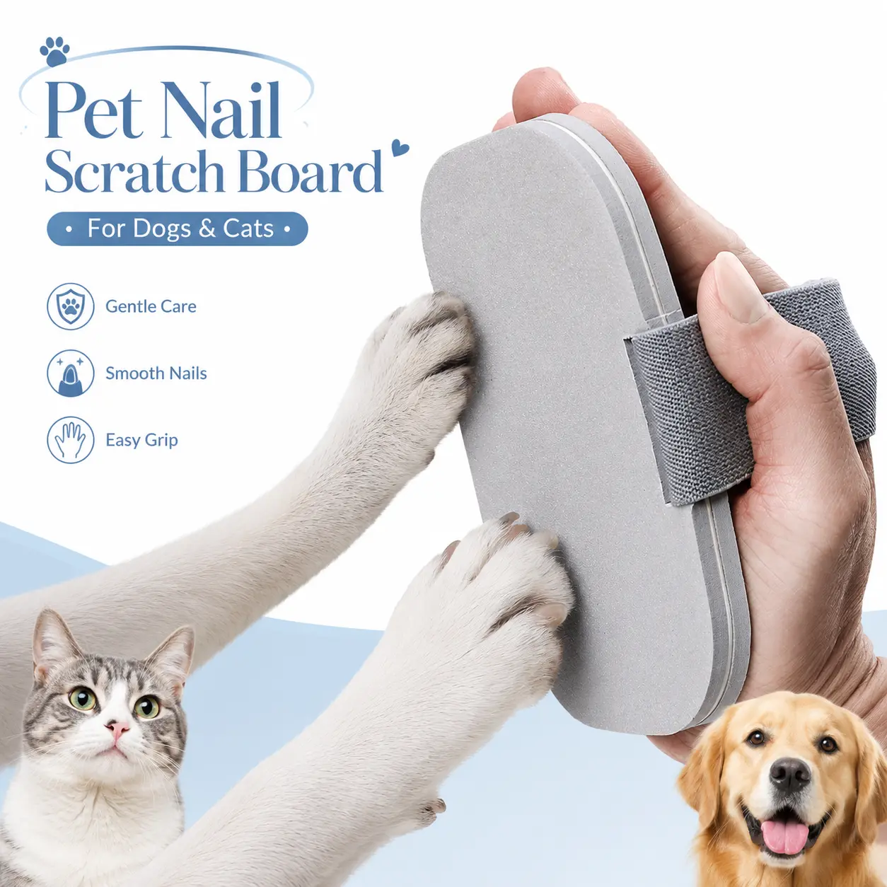 QUBIXPAW Pet Nail Scratch Board for Dogs & Cats, Handheld Paw Care File with Elastic Strap, Quiet Claw Care Tool for Home Grooming Training