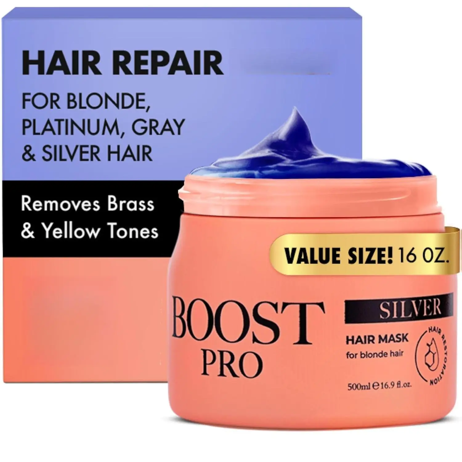 Boost Pro Purple Hair Mask for Silver Hair - Toning Treatment for Gray Blonde & Brassy Colors - Salt & Sulfate Free Anti Brass Blue Toner - Deep Conditioning for Colored & Bleached Hair 16.9 fl oz